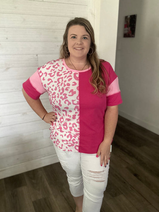 Hot Pink Color Block Leopard Top