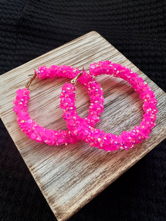 Hot Pink Sequin Hoops