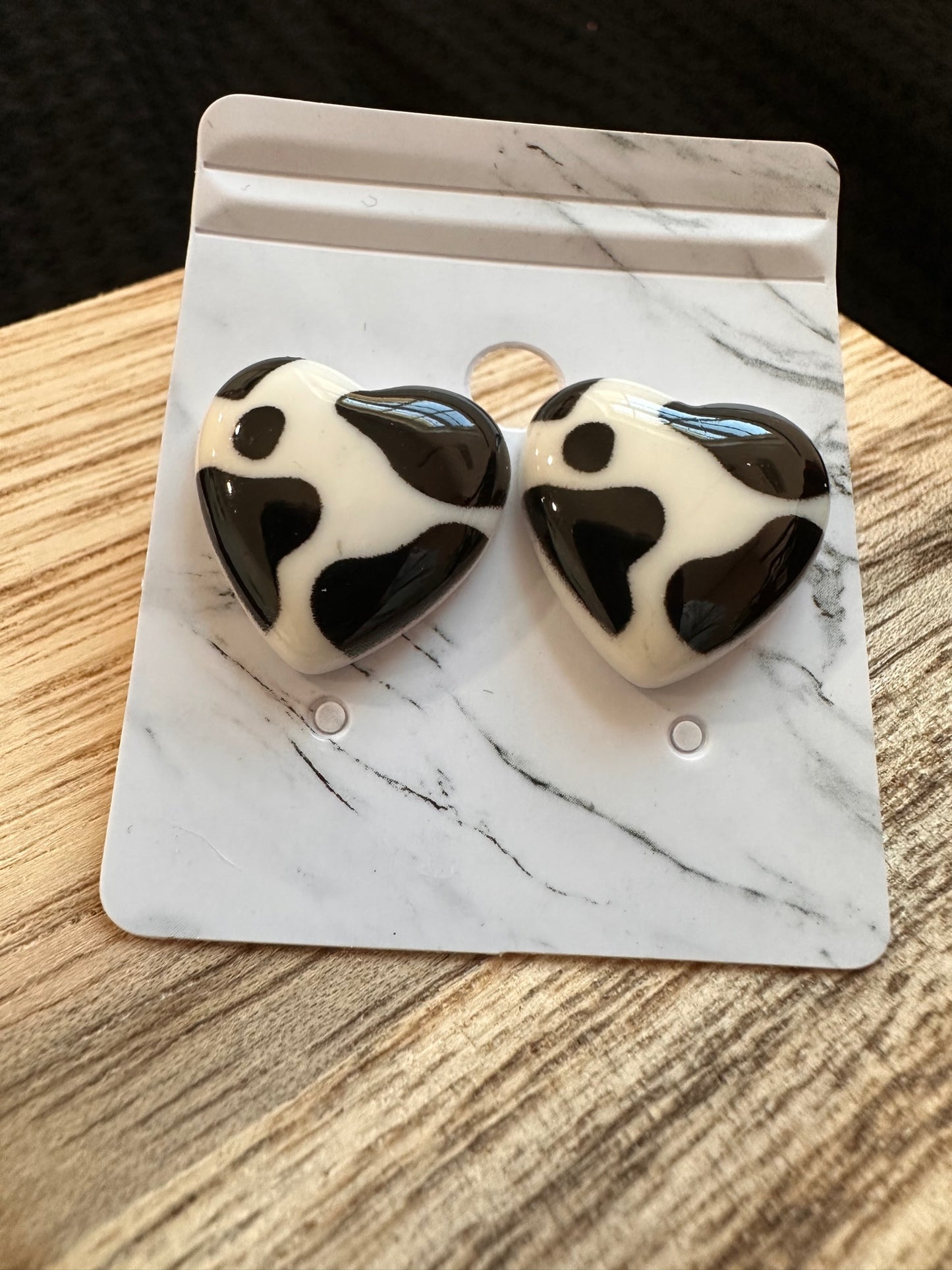 Cow Print Heart Studs