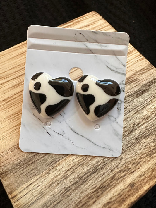 Cow Print Heart Studs