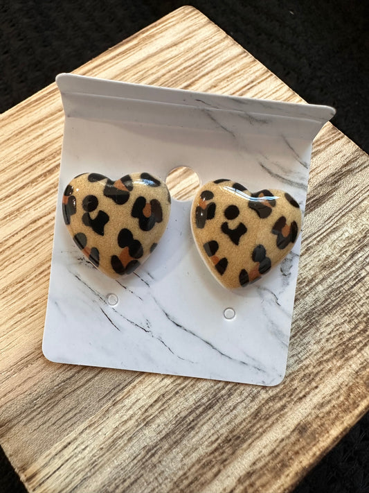 Leopard Print Heart Studs