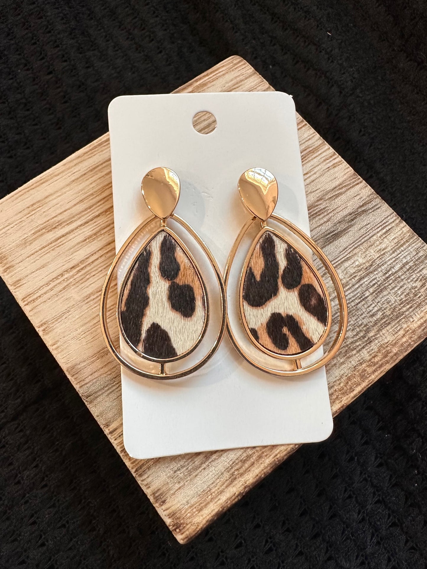 Gold Trim Leopard Drop Earrings