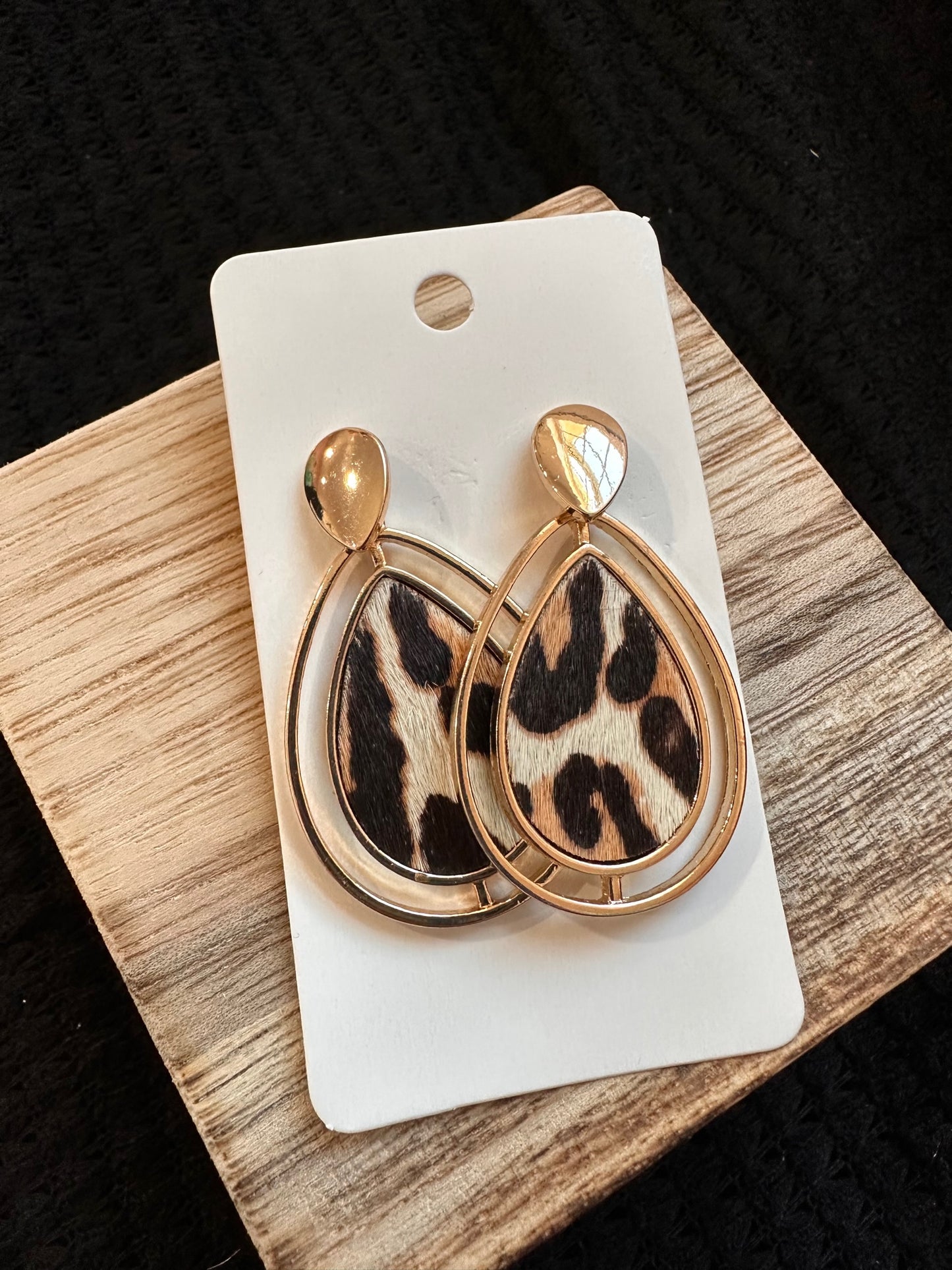 Gold Trim Leopard Drop Earrings