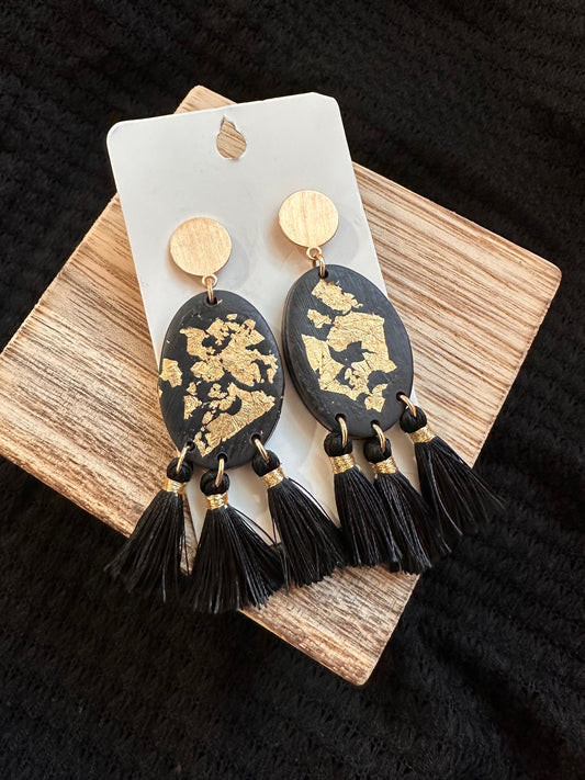 Black with Gold Flakes Tassel Earrings