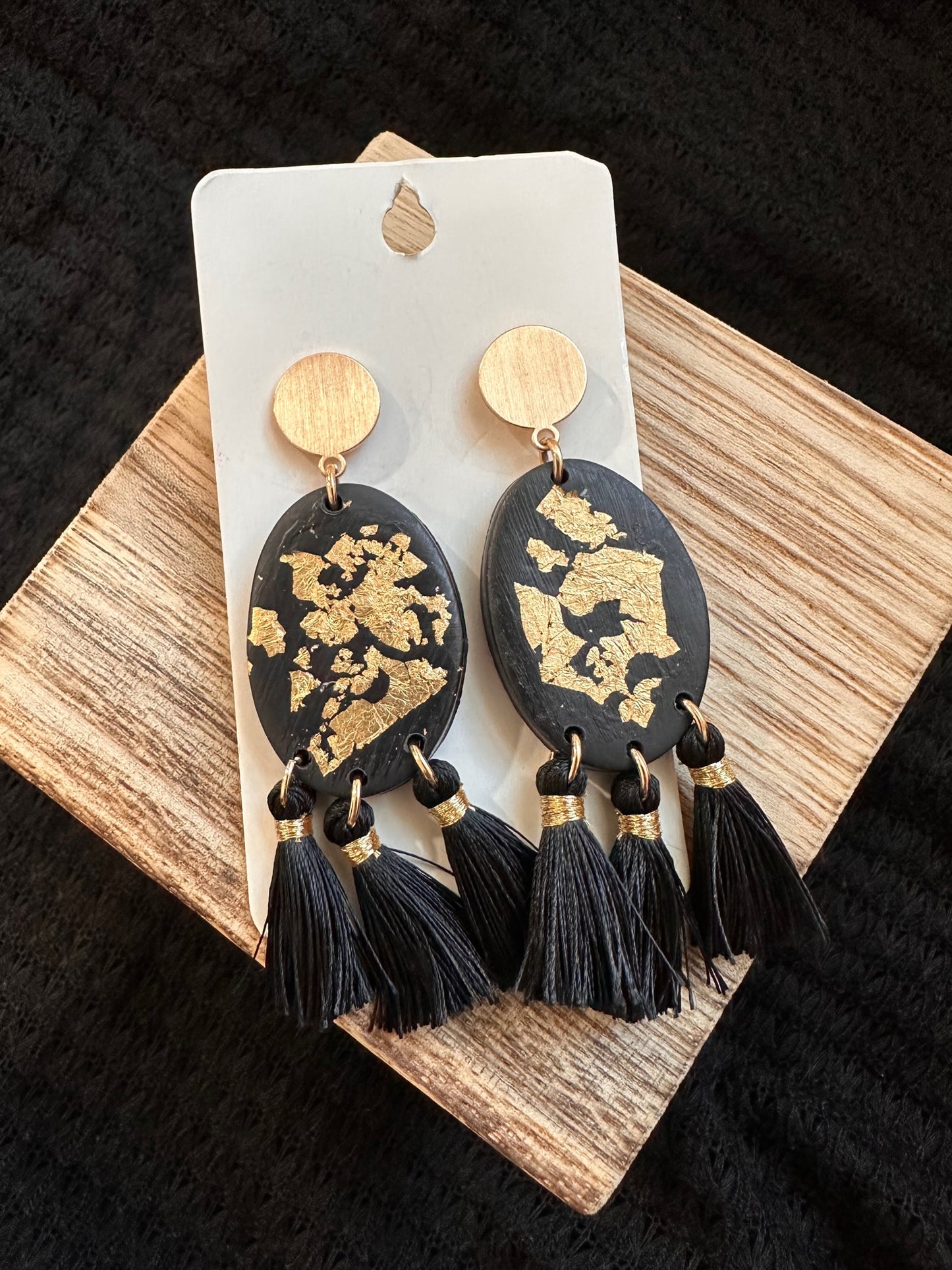 Black with Gold Flakes Tassel Earrings