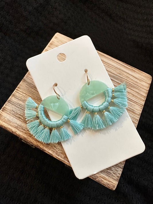 Teal Small Fan Tassel Earrings