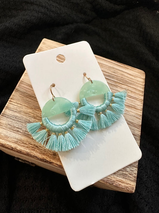 Teal Small Fan Tassel Earrings