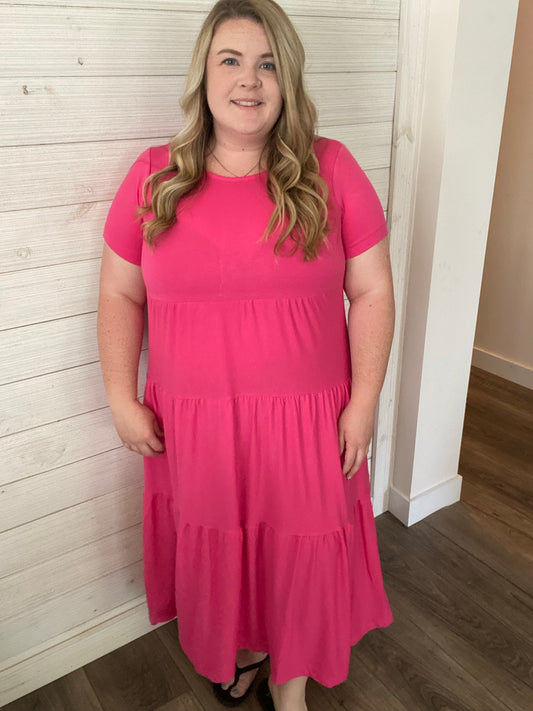 Short Sleeve Pink Midi Dress