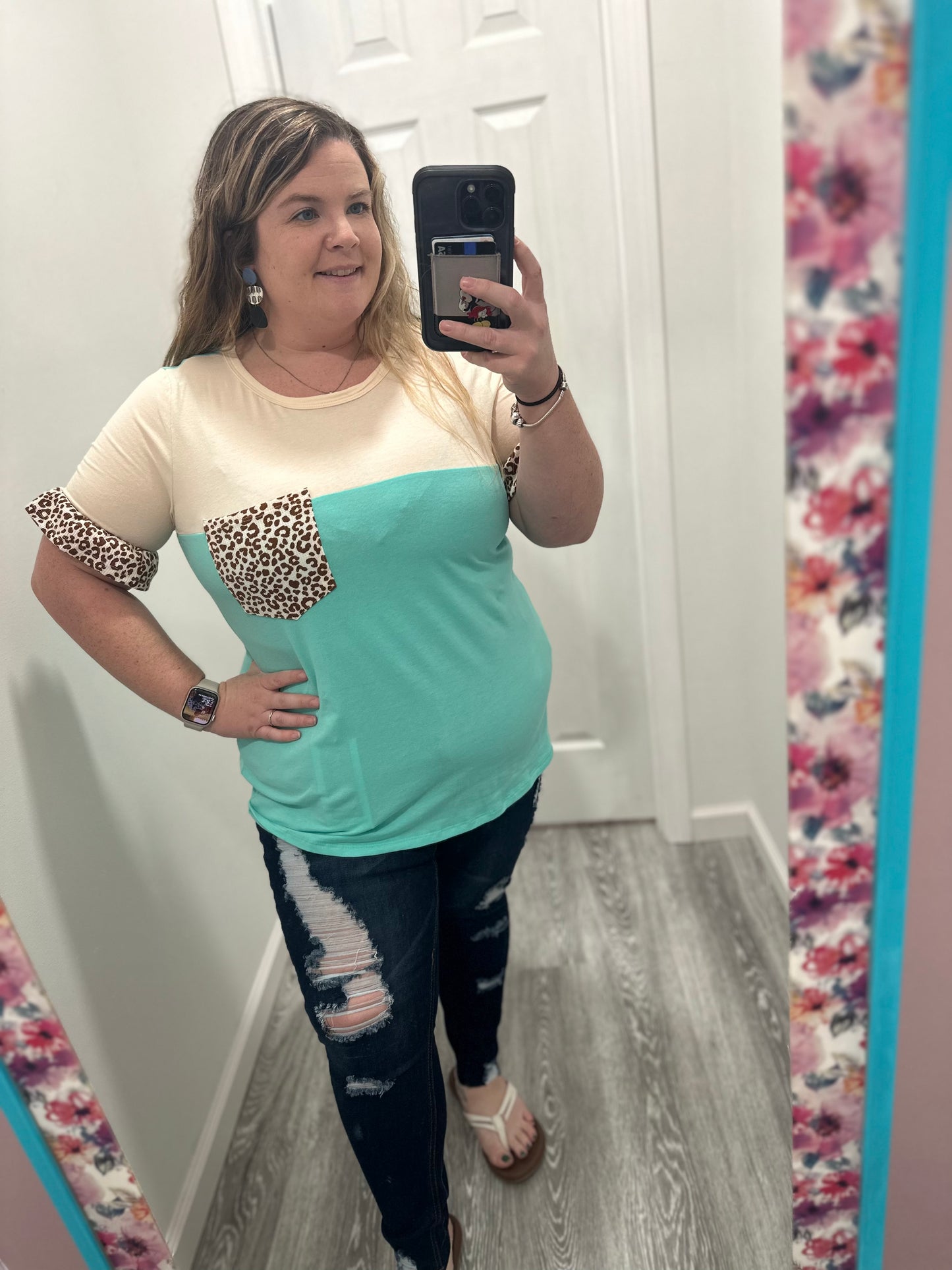 Leopard Ruffle Sleeve Colorblock Top