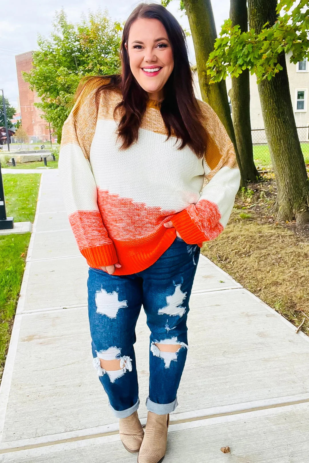 Camel and Orange Color Block Sweater