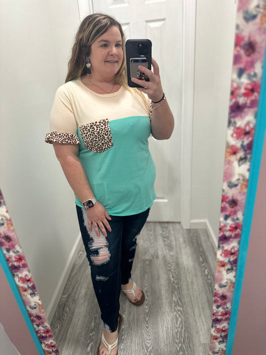 Leopard Ruffle Sleeve Colorblock Top